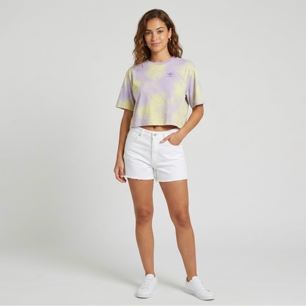 adidas Women's Cropped Tie-Dye Tee in Lavender and Pale Yellow